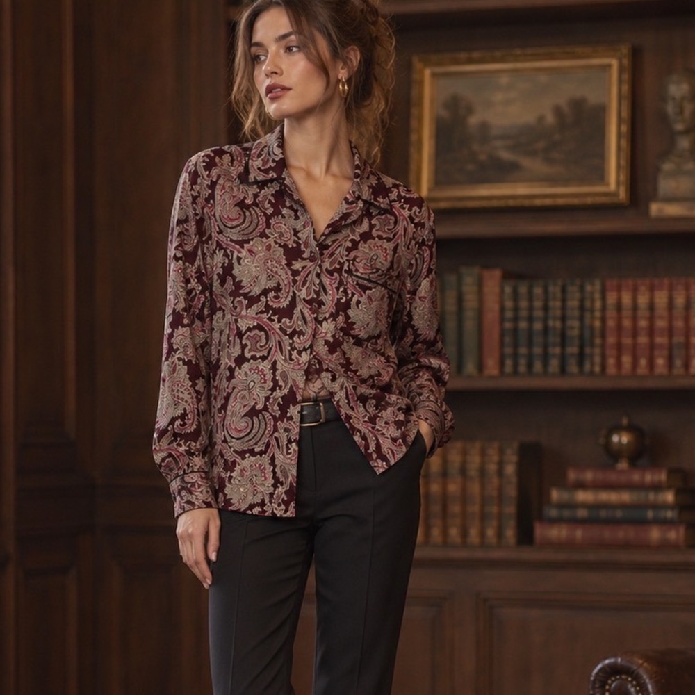Vintage 90s Anna and Frank Silk Paisley Blouse M Dark Academia Office Siren